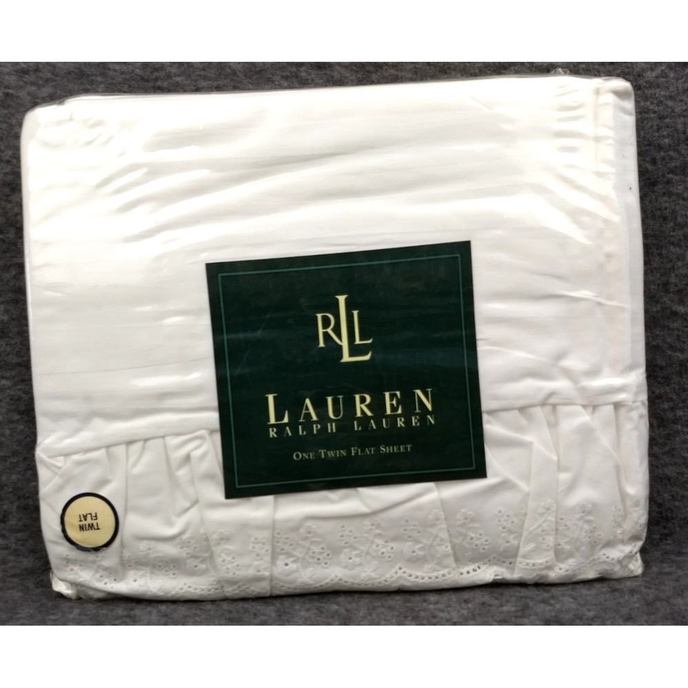 Ralph Lauren Home Twin Flat Sheet Bromley WHITE Eyelet Ruffle Trim USA NOS NEW